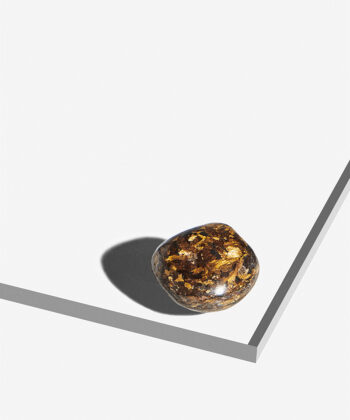 Smuk gylden og brun poleret Bronsit med metalliske gyldne aflejringer på hvid baggrund