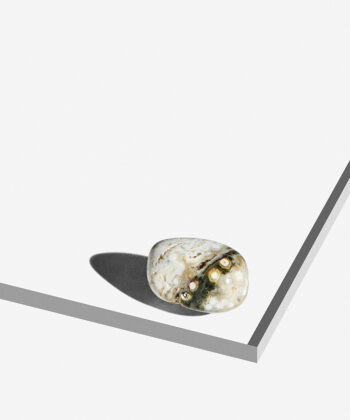 Råhvid Hav Jaspis med gyldne og sorte aflejringer på hvid baggrund