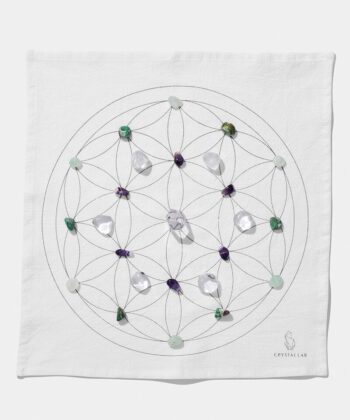 En hvid Grid dug med forskellige krystaller. Ligger på hvid baggrund