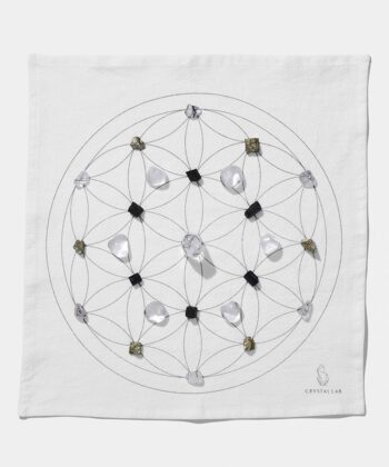 En hvid Grid dug med forskellige krystaller. Ligger på hvid baggrund