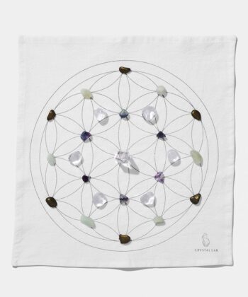 En hvid Grid dug med forskellige krystaller. Ligger på hvid baggrund