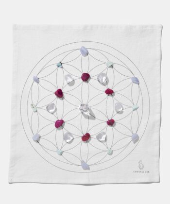 En hvid Grid dug med forskellige krystaller. Ligger på hvid baggrund