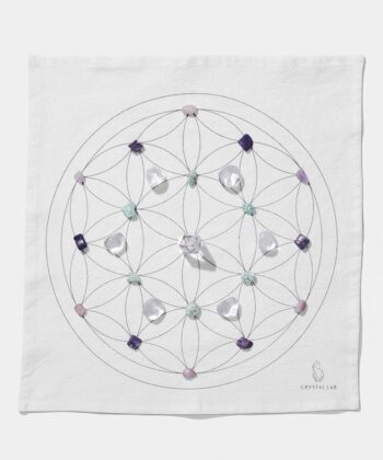 En hvid Grid dug med forskellige krystaller. Ligger på hvid baggrund