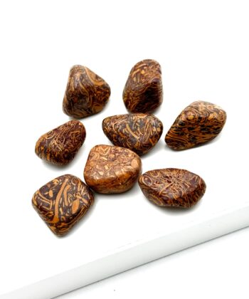 Otte polerede brune lommesten med gyldne indlejringer