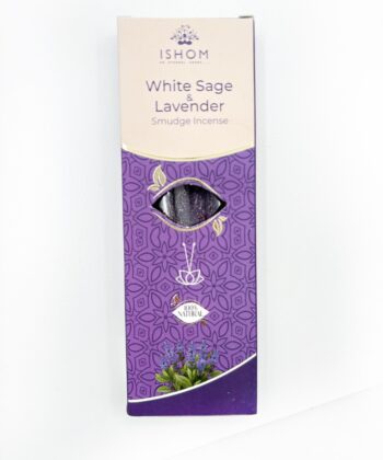 Lavendel Lilla pakke Røgelsespinde med duften af White Sage og Lavender på hvid baggrund