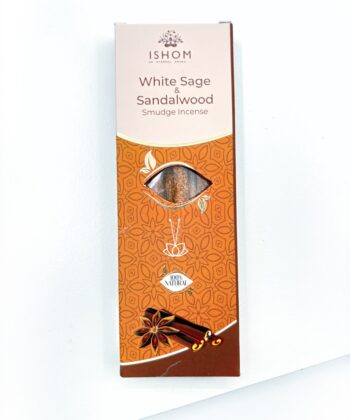 Orange brun pakke Røgelsespinde med duften af White Sage og Sandalwood på hvid baggrund
