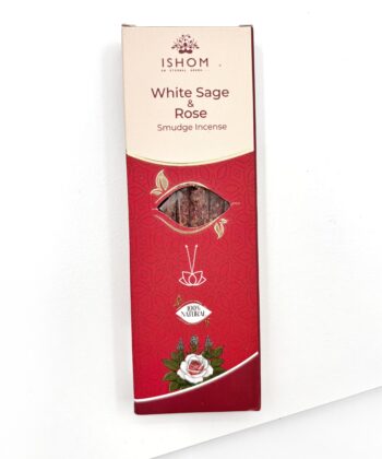 Rød pakke Røgelsespinde med duften af White Sage og Rose på hvid baggrund